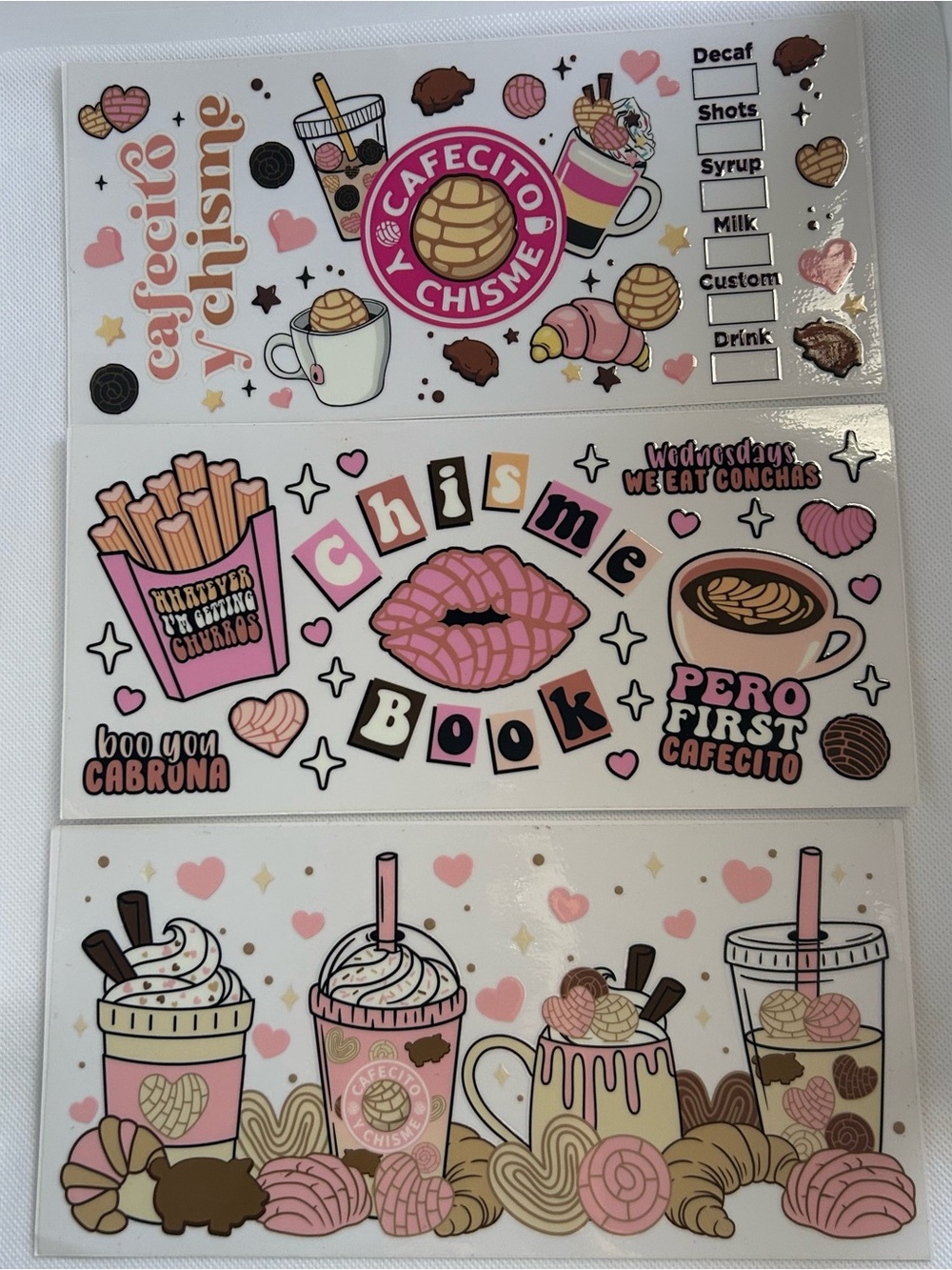 Cafecito y Chisme Pink Concha UV DTF Transfer Sticker set of 3